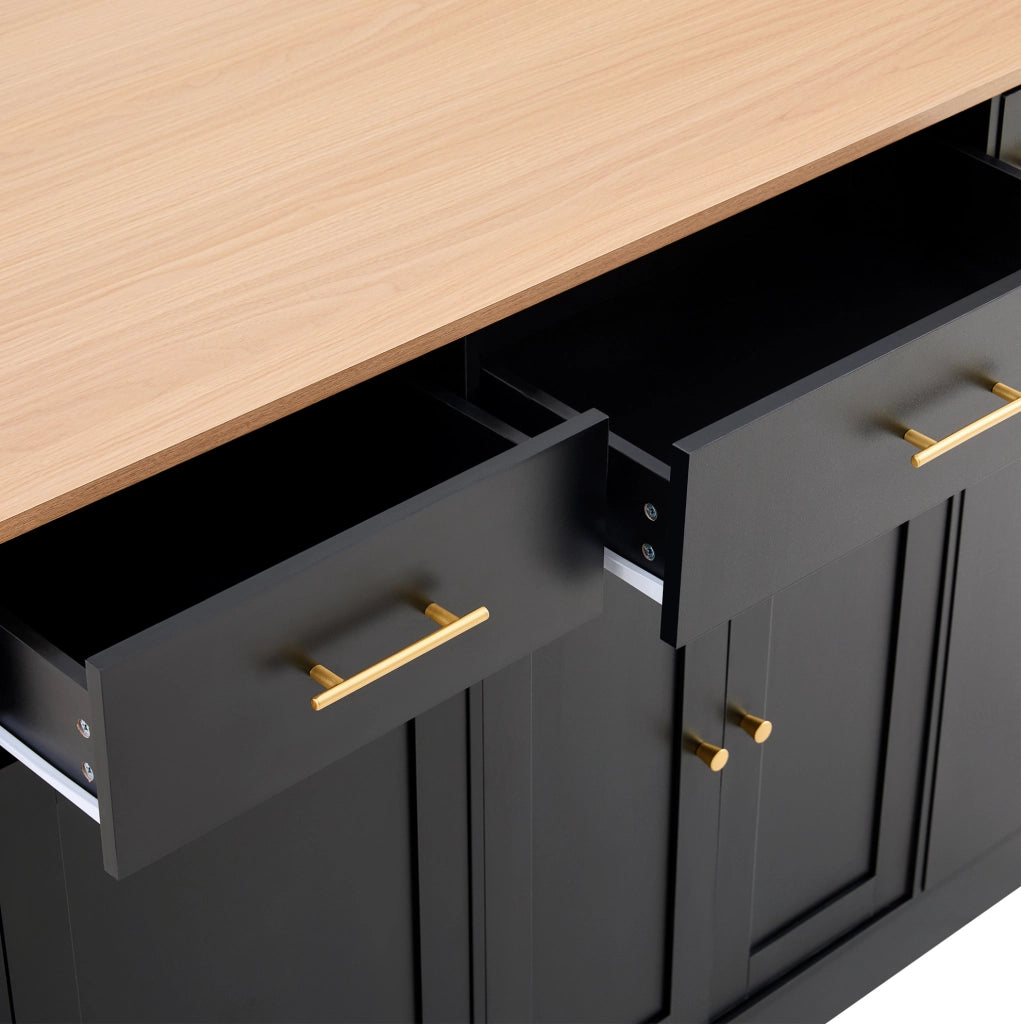 Isola da cucina con piano pieghevole 120 cm, armadietto nero con spazio per pattumiera, ripiano laterale estraibile e 3 cassetti