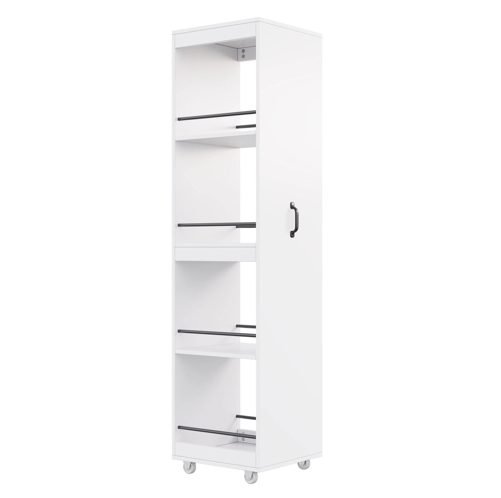 Libreria stretta 40x30x160;5 cm in MDF bianco con ruote e barre di protezione