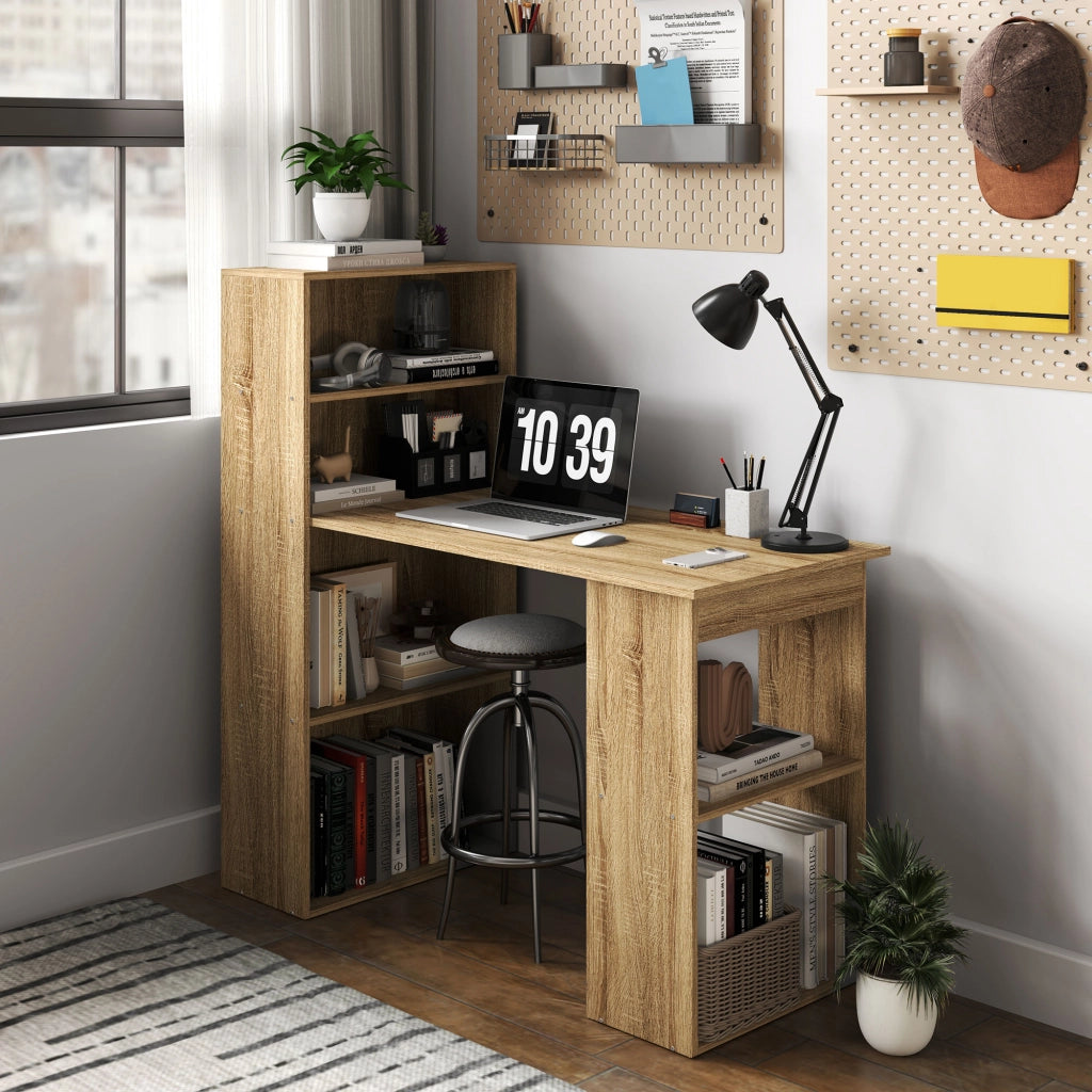 Scrivania angolare con libreria ¨C Xylo ¨C legno rovere, ripiani multipli per computer e stoccaggio