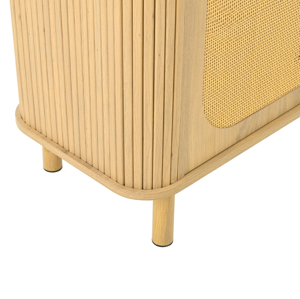 Credenza 140x40x80 cm in MDF effetto legno naturale con ante in rattan e cassetto HOMVRA