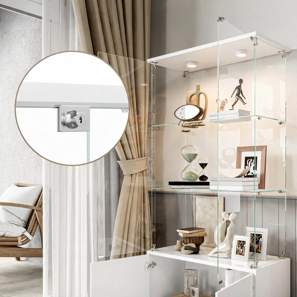 Vetrinetta Espositiva con LED;Bianco Cristalliera soggiorno  con 2 Porta e Serratura;78.5x35x164 cm;Vetro Temperato;per Casa e Ufficio