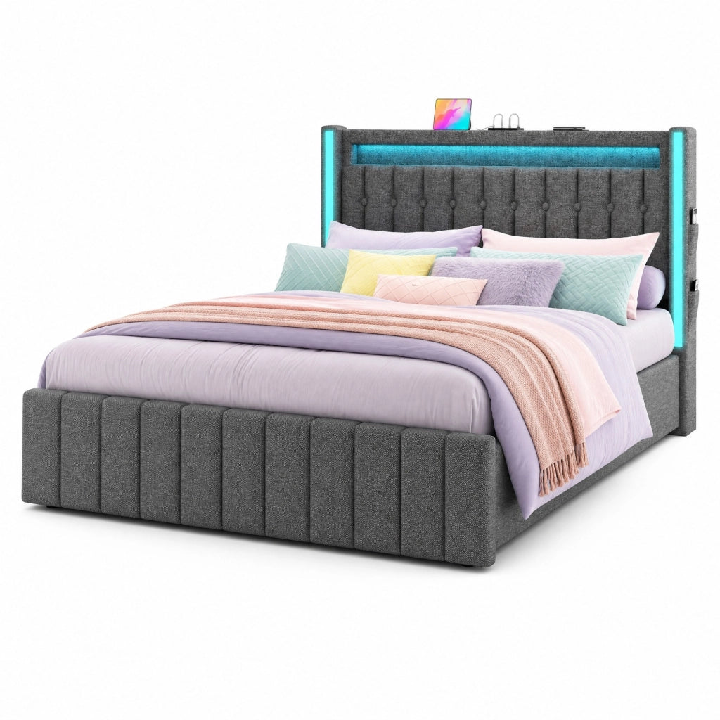 Letto imbottito con ricarica USB, LED e 4 cassetti