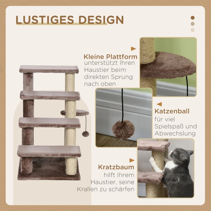 Scala per gatti con tiragraffi in corda di juta e pallina marrone in legno 60 × 40 × 64 cm