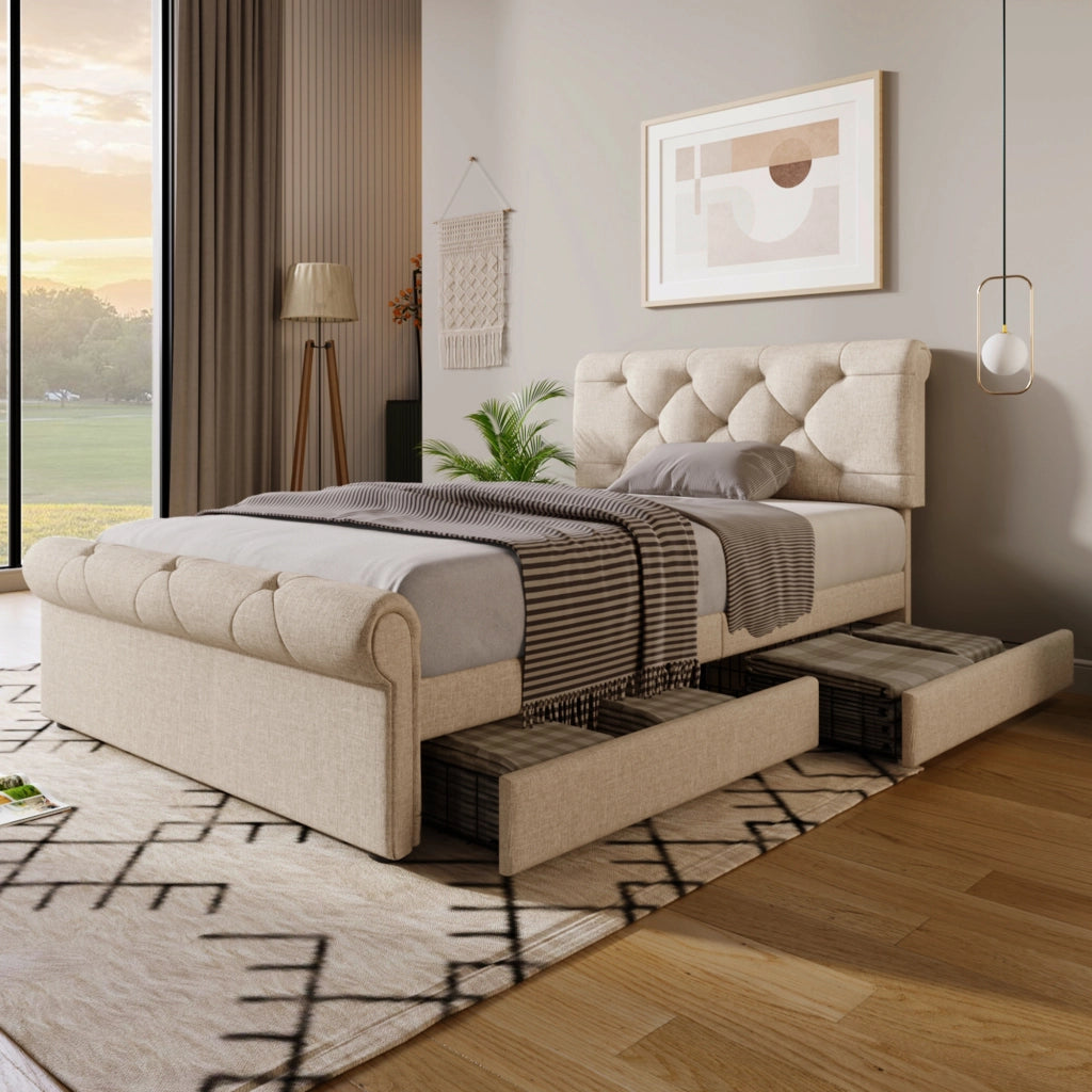 Letto singolo 90x200 cm imbottito con due cassetti