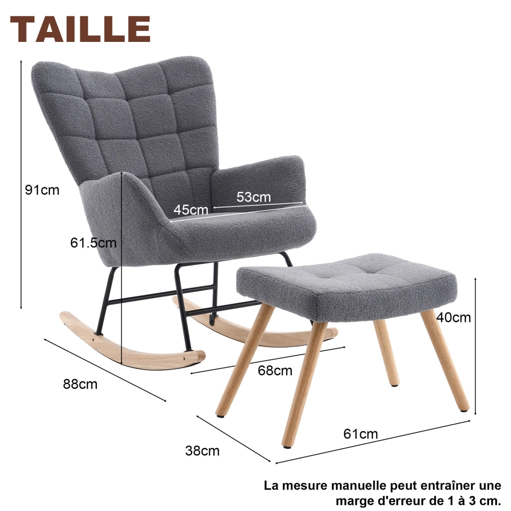 Sedia a dondolo grigia con schienale alto e poggiapiedi, 91x61x88 cm in lana d'agnello