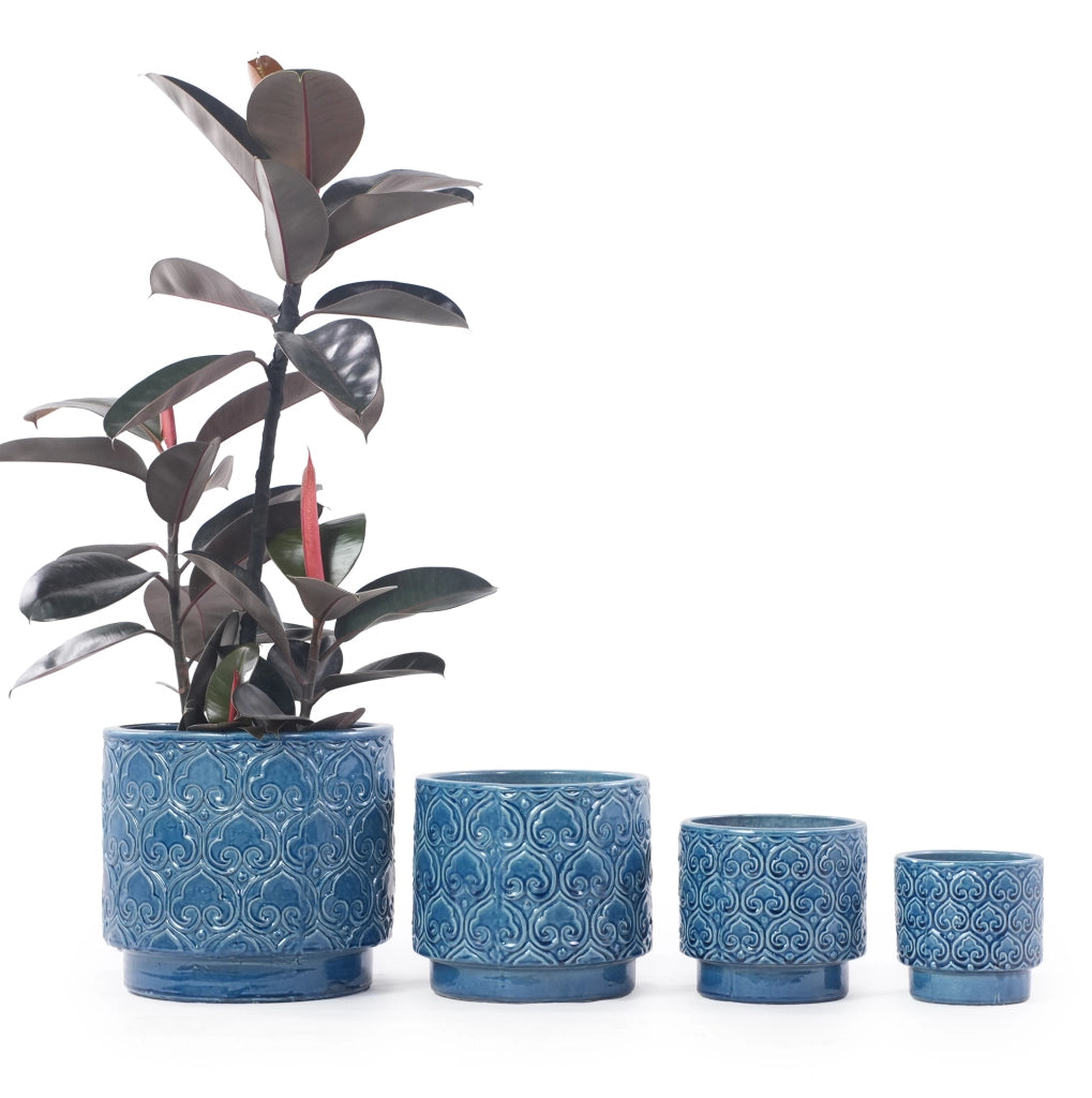 Vaso da Giardino in Ceramica Artigianale Ø38 cm Blu Lucido con Motivo a Cuore e Foro di Drenaggio, Resistente al Gelo