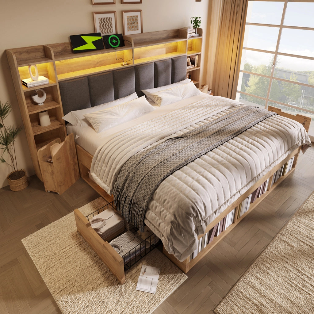 Letto matrimoniale 180 x 200 cm con LED prese USB e cassetti letto matrimoniale con testiera imbottita e rete a doghe in legno color rovere
