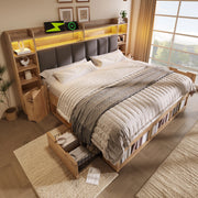 Letto matrimoniale 180 x 200 cm con LED prese USB e cassetti letto matrimoniale con testiera imbottita e rete a doghe in legno color rovere