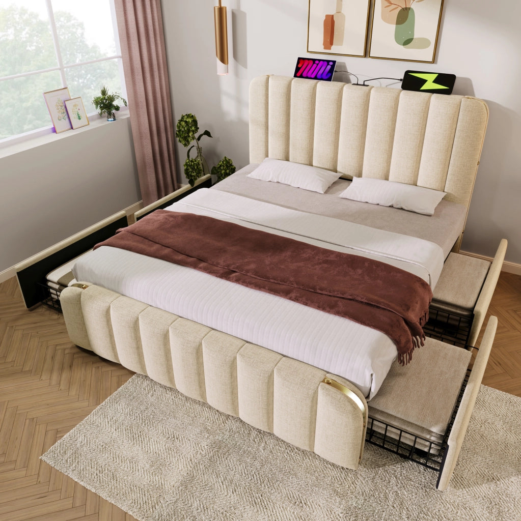 Letto imbottito 140x190 cm beige con 4 cassetti; USB e Type-C
