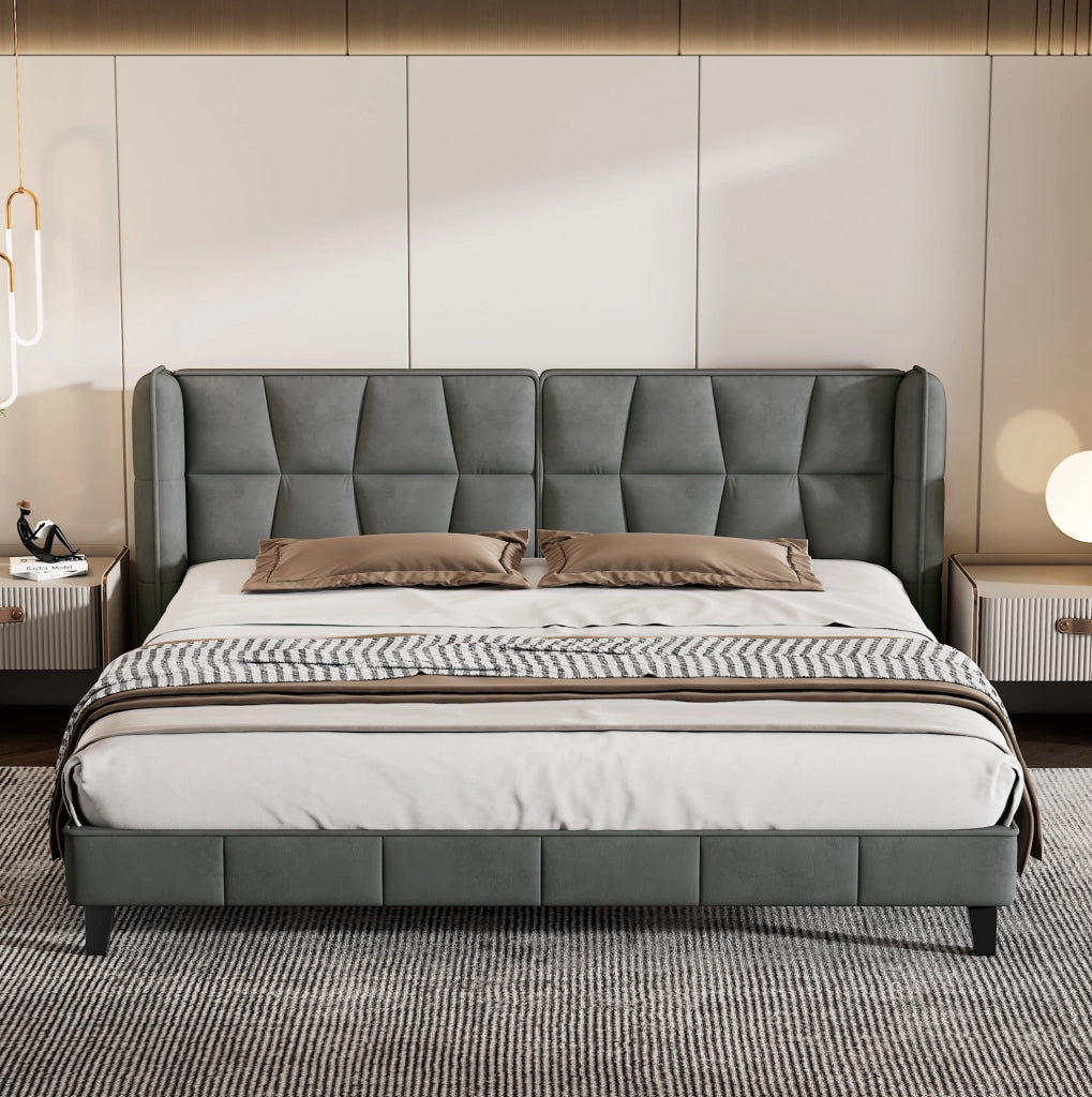 Letto imbottito 180x200 cm con rete a doghe e testiera in velluto grigio