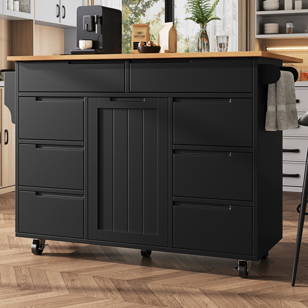 Carrello da cucina con piano ribaltabile 8 cassetti e ruote bloccabili in MDF nero 122 × 46 × 91.5 cm