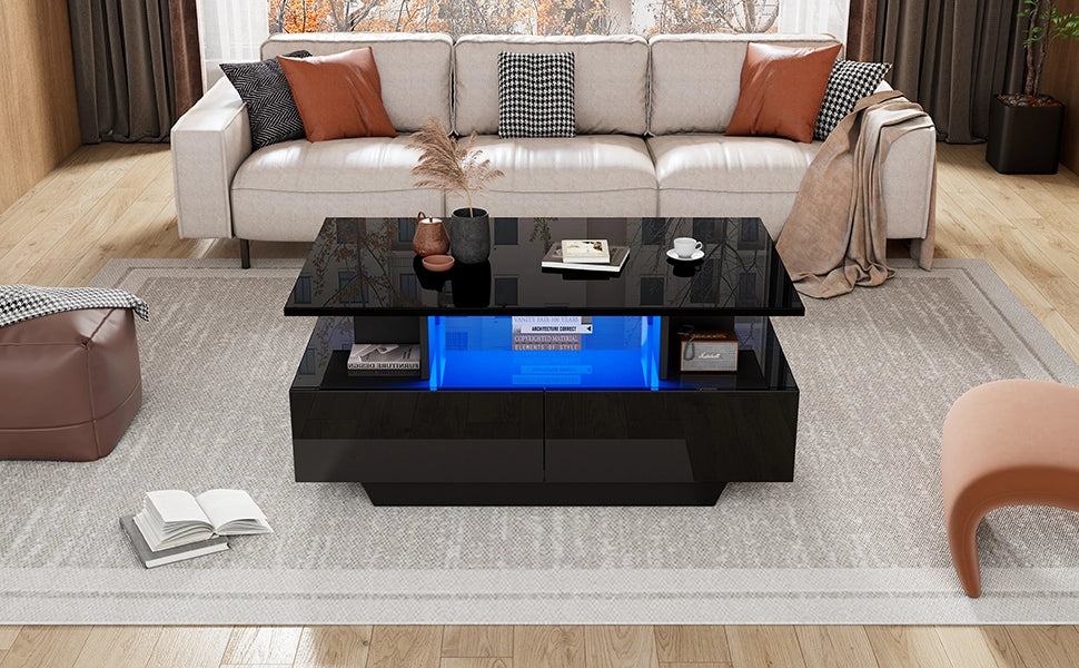 Tavolino moderno lucido 90x55x41 cm con illuminazione LED e 2 cassetti, portata 30 kg
