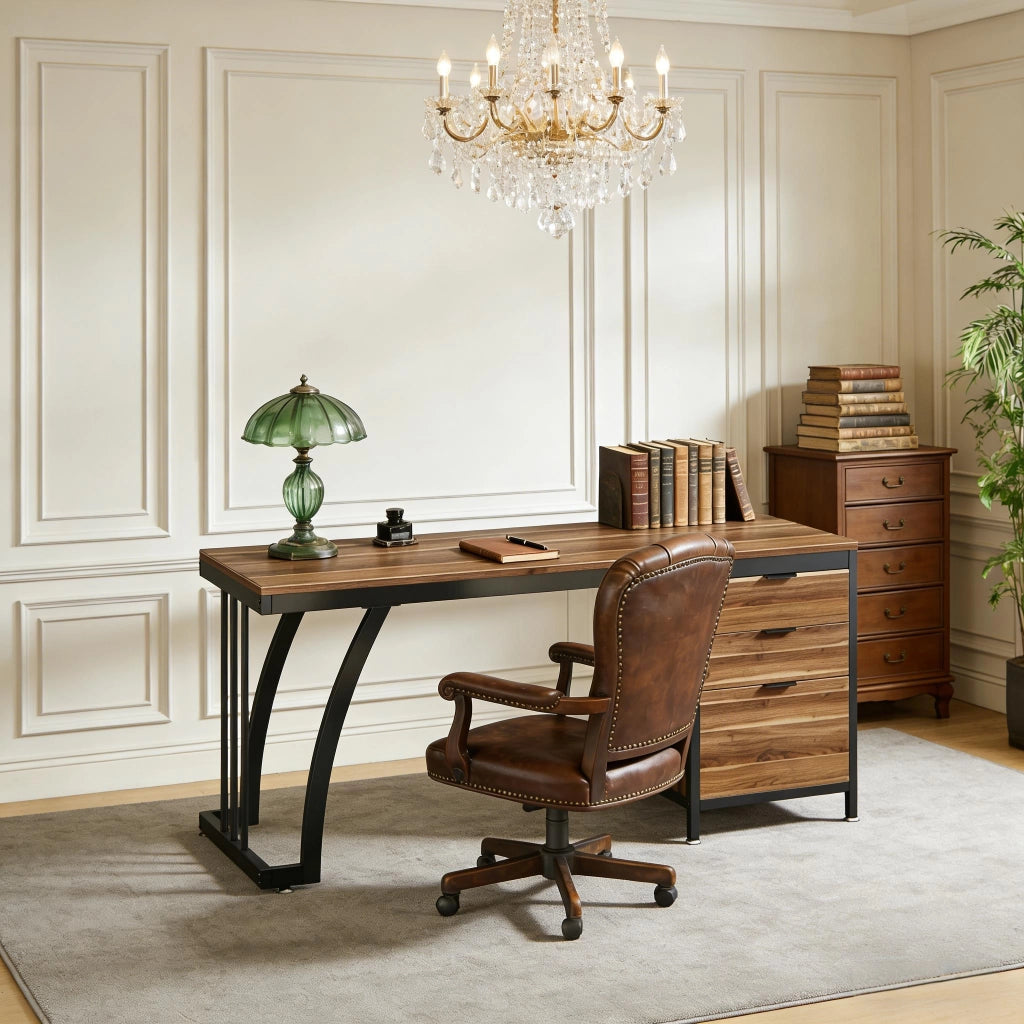 Scrivania con 3 cassetti 150 × 50 × 75 cm in legno e metallo con struttura regolabile colore noce