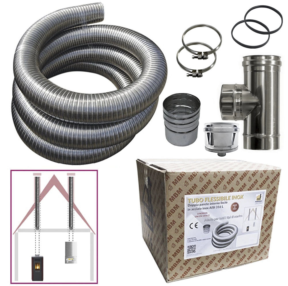 Kit tubo acciaio inox 316 flessibile 5 mt diametro 80 mm interno liscio a norma CE EN 1856 2 canna fumaria