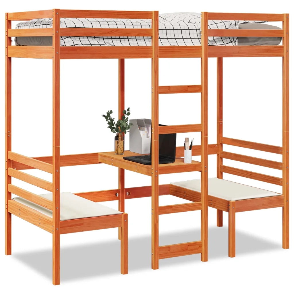 Giroletto Soppalco Scrivania e Sedie-Struttura Letto Marrone Cera 75x190cm Pino