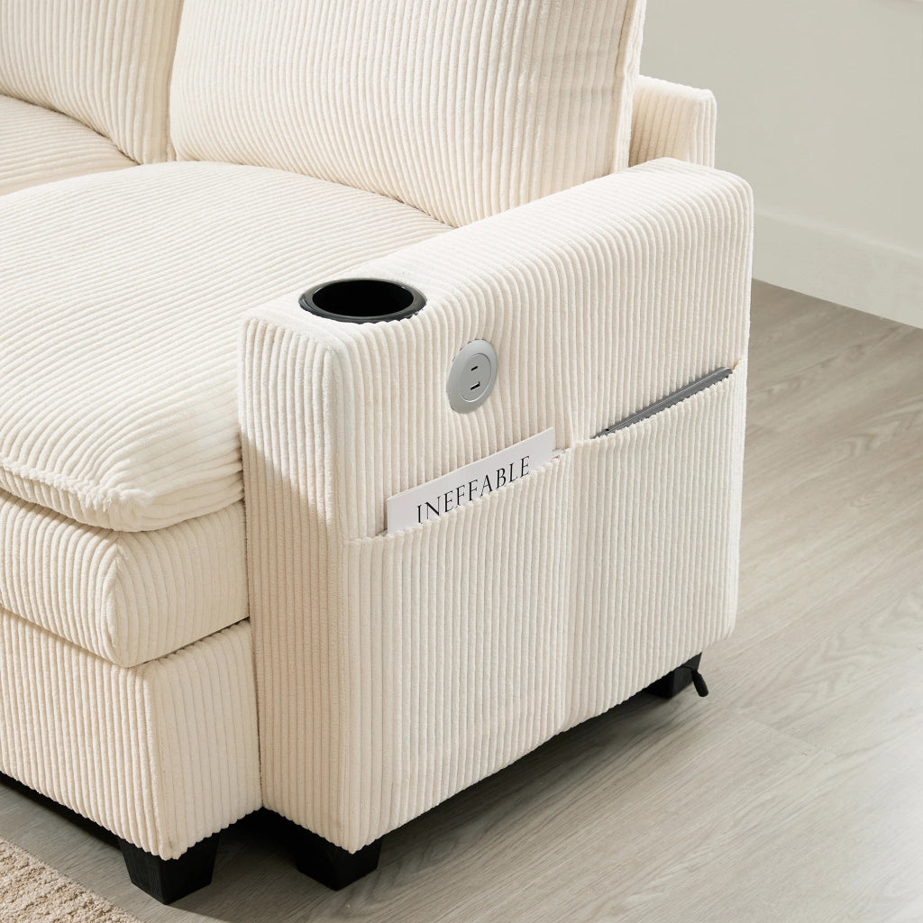 Divano modulare 5-6 posti con USB, contenitori e rivestimento in velluto a coste beige