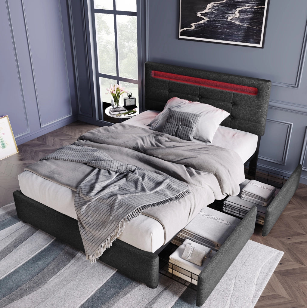 Letto imbottito 90 x 200 cm grigio con LED e 2 cassetti