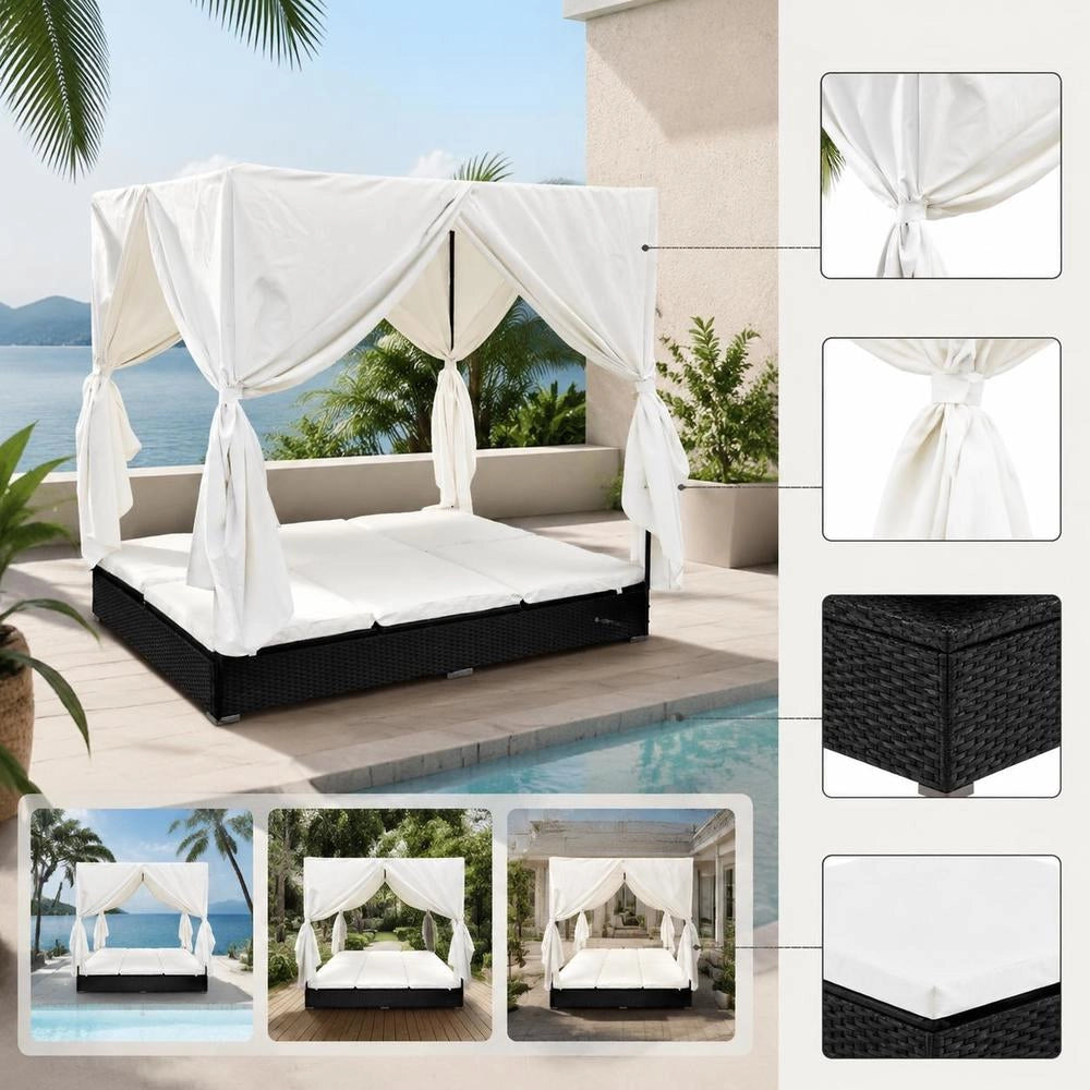Outdoor Lounge Bed With Curtain, Poly Rattan, Black