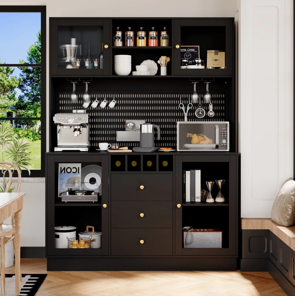 Credenza alta 140x40x185,7 cm in MDF nero con LED e contenitore