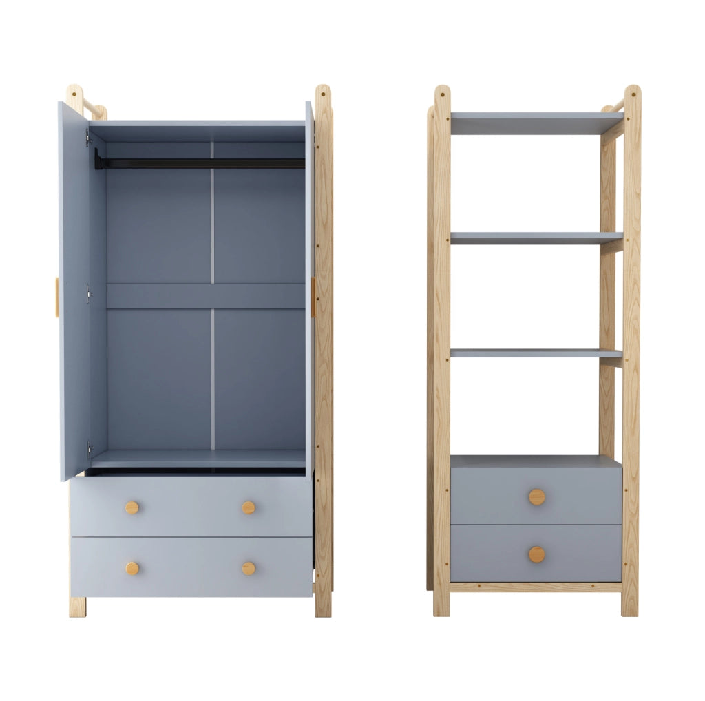 Set guardaroba combinato con ante doppie, appendiabiti e cassetti, struttura in abete, finitura blu e legno naturale, altezza 180 cm