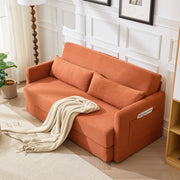 Divano letto 2 posti in tessuto di cotone, arancione, con due cuscini lombari e tasche portaoggetti, dimensioni 165x92x82 cm