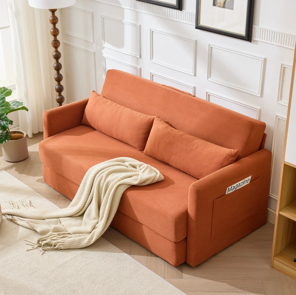 Divano letto 2 posti in tessuto di cotone, arancione, con due cuscini lombari e tasche portaoggetti, dimensioni 165x92x82 cm
