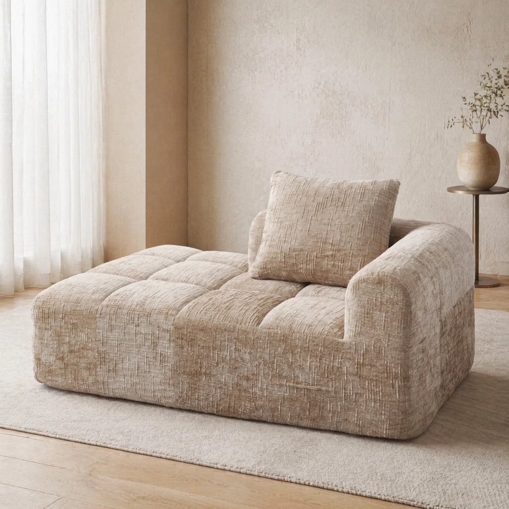 Divano chaise longue 158x90x60 cm con tasche laterali e cuscino in ciniglia khaki