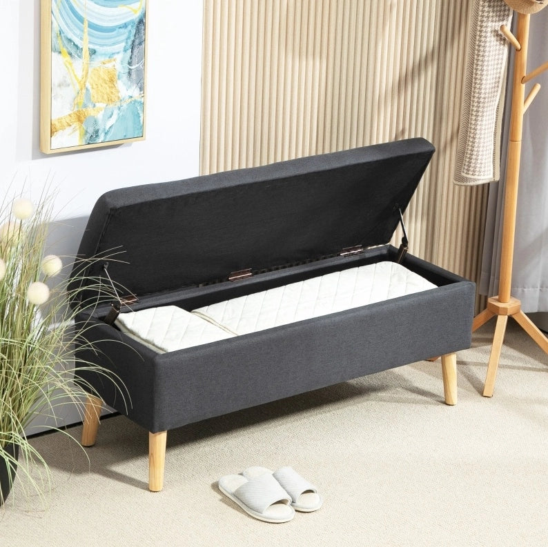 Panca contenitore imbottita in legno di caucciù con rivestimento effetto lino, 110 x 39 x 45 cm, grigio scuro