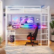Hochbett 90x200 cm in metallo e MDF, con scrivania, LED RGB, porte USB e prese, bianco