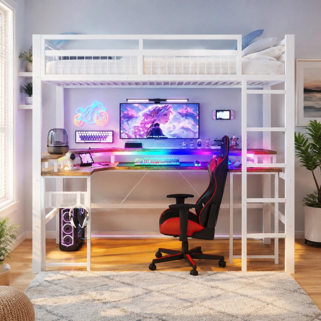 Hochbett 90x200 cm in metallo e MDF, con scrivania, LED RGB, porte USB e prese, bianco