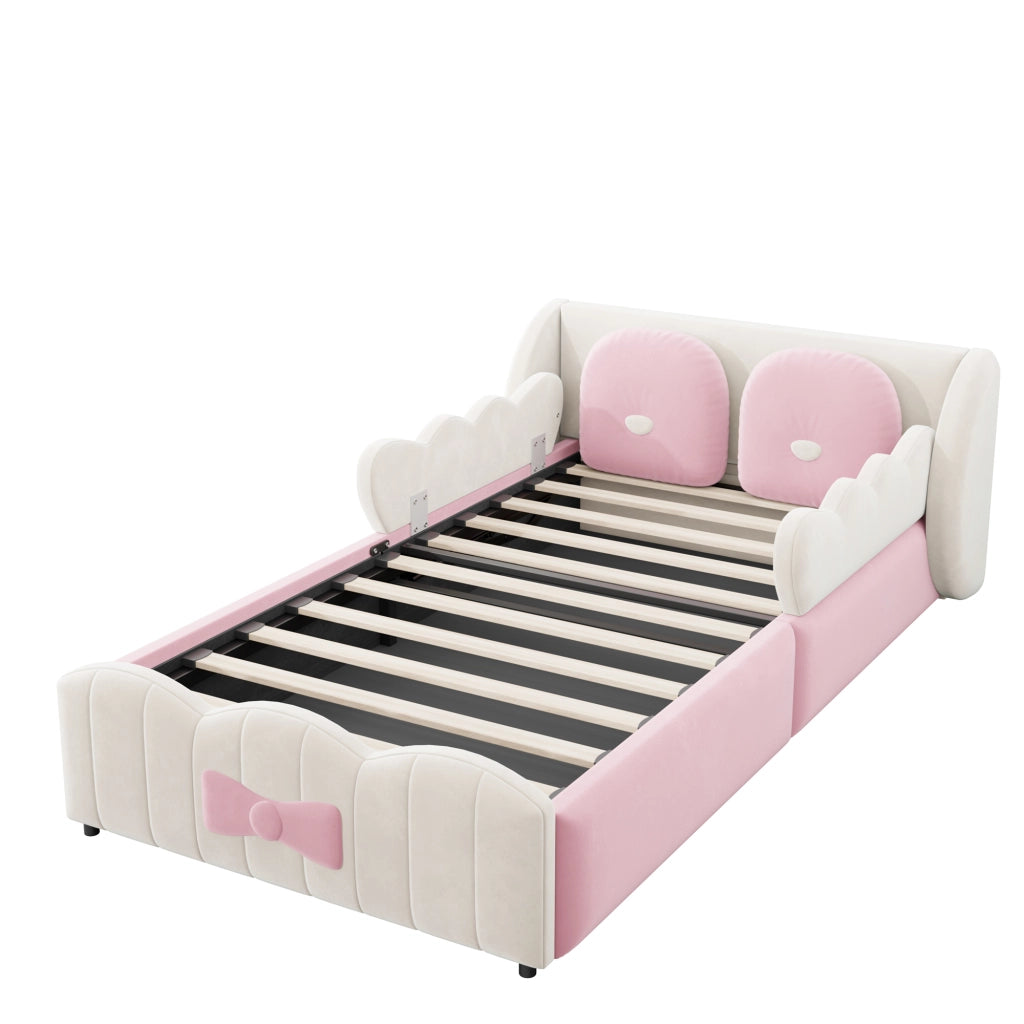 Letto singolo con contenitore 90 × 200 cm imbottito in velluto beige con sollevamento idraulico e 2 cuscini decorativi