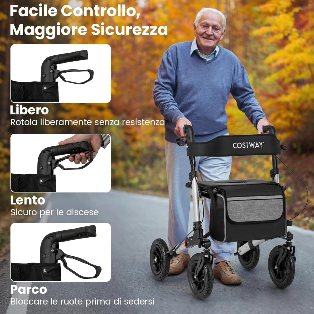 Deambulatore Pieghevole per Anziani in Alluminio, Rollator Regolabile in Altezza con Seduta, Schienale e Freni, Girello per Anziani con Borsetta, Carico Massimo 140 kg (Argento)