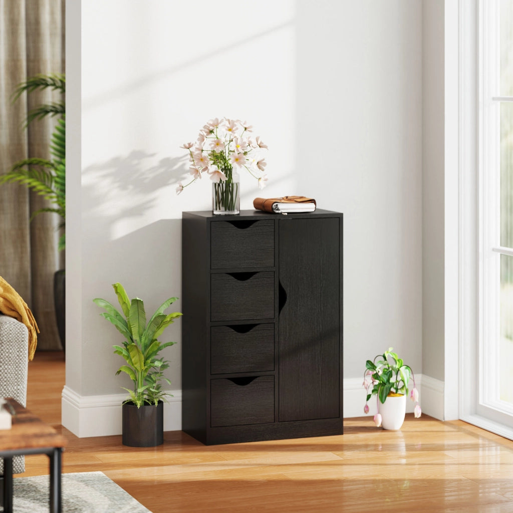 Credenza in legno con 1 anta e 4 cassetti, mobile contenitore nero salvaspazio per soggiorno e cucina, robusto