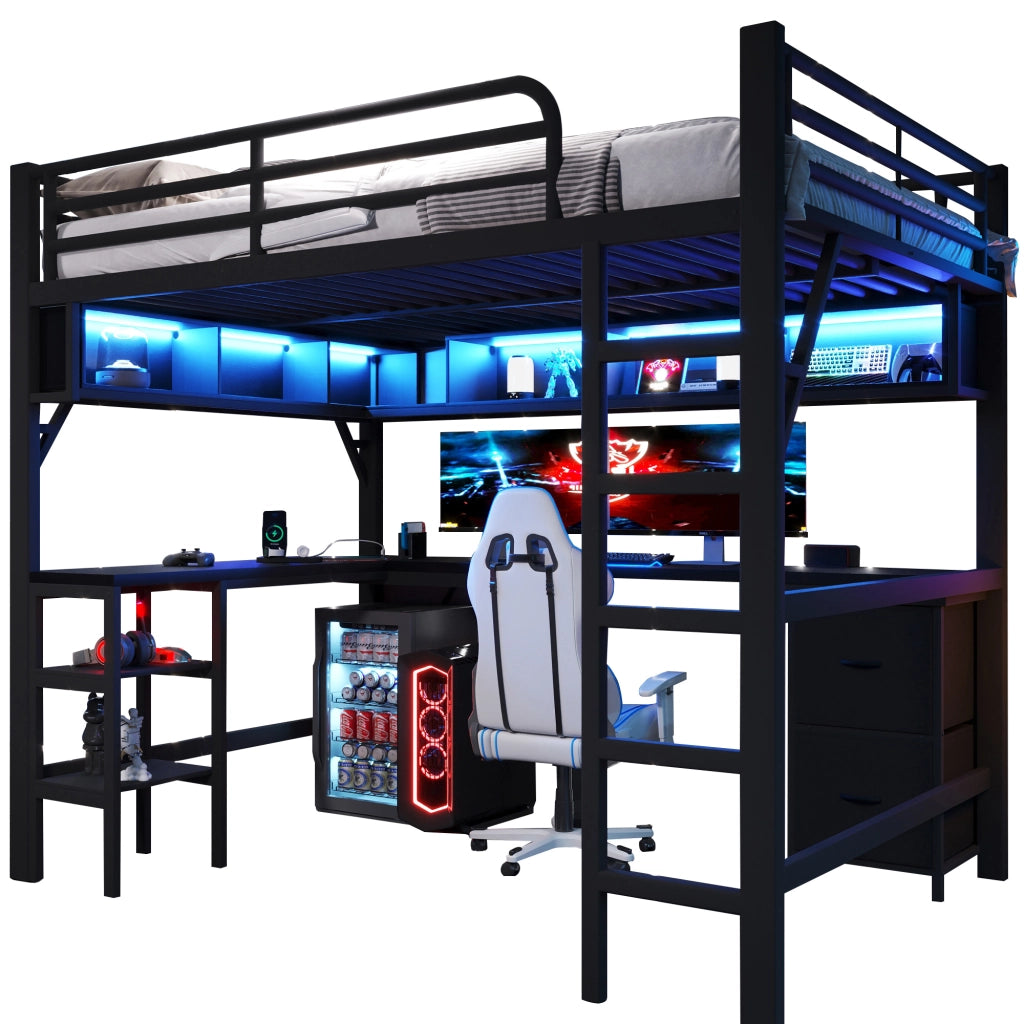 Letto a soppalco 140 × 200 cm con scrivania libreria armadio cassetti LED e stazione di ricarica USB nero