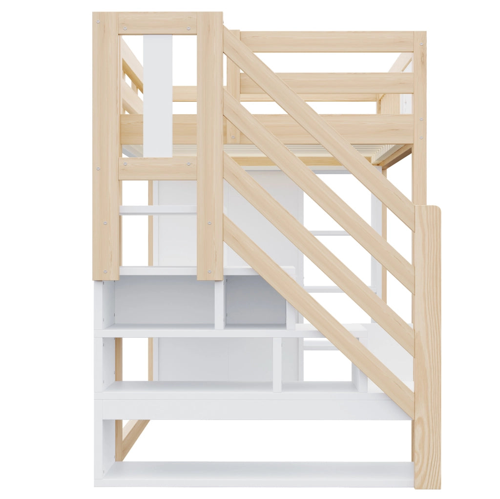 Letto a soppalco ULEVR 90x200 cm con scrivania, LED, prese, armadio aperto e scala contenitore