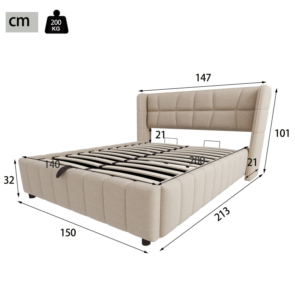 Letto imbottito 140x200 cm con contenitore e struttura in lino beige