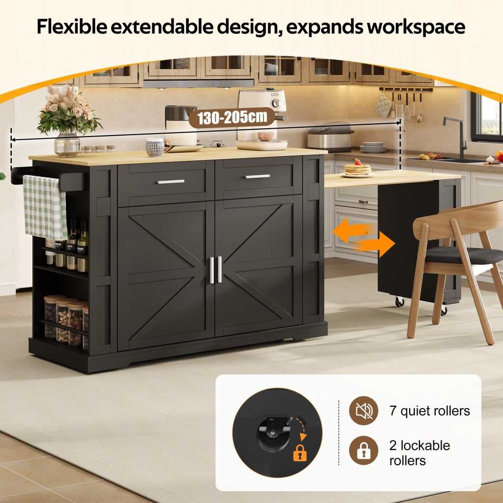 Mobile base da cucina con piano estraibile prese USB cassetti ruote e ripiano regolabile MDF nero naturale