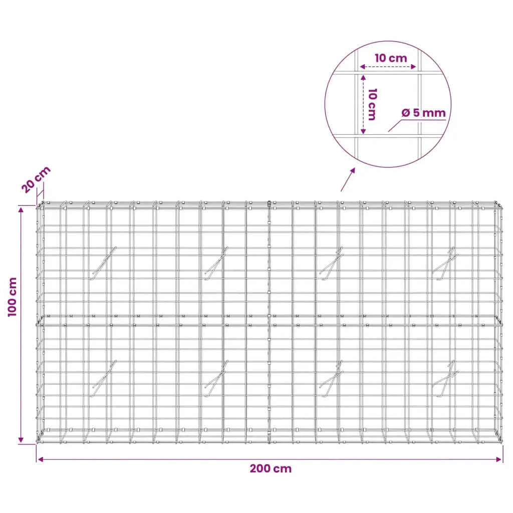 Gabione con filo da 5 mm e rete 10x10 cm 200x20x100 cm 3465022