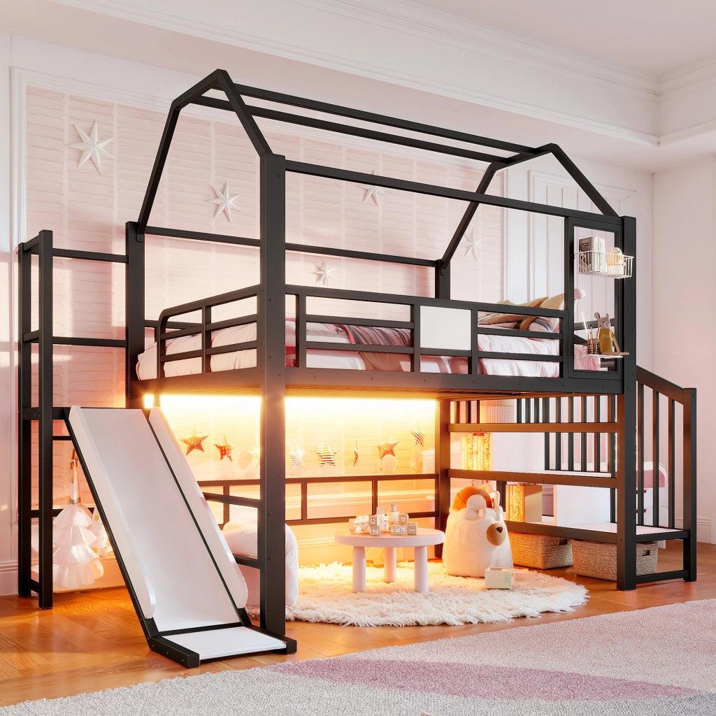 Letto a soppalco per bambini 140 × 200 cm con scivolo scala LED Bluetooth in MDF e metallo nero