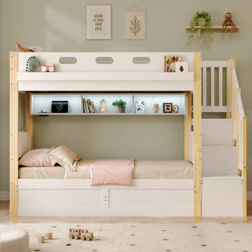 Letto a castello per bambini 90 × 200 cm con contenitore scala con vani LED USB e testiera imbottita bianco