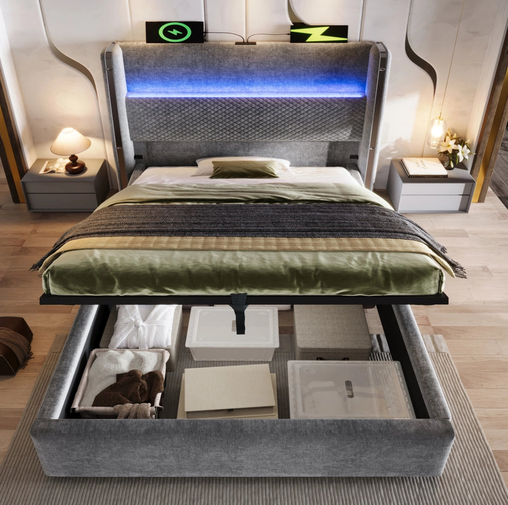 Letto singolo idraulico con testiera alta, LED e porte USB/Type-C