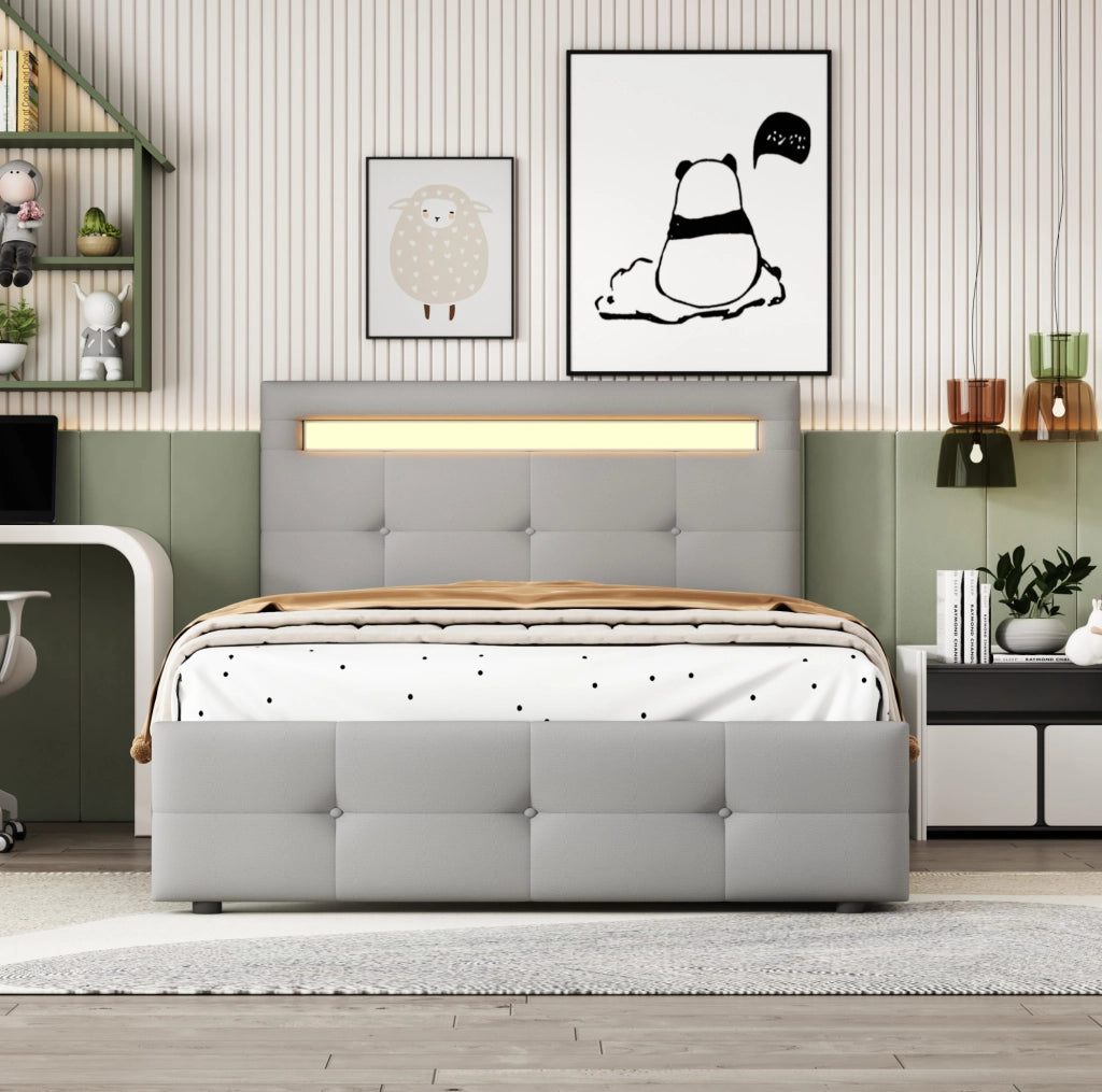 Letto imbottito 90x200 cm con LED e 2 cassetti; grigio