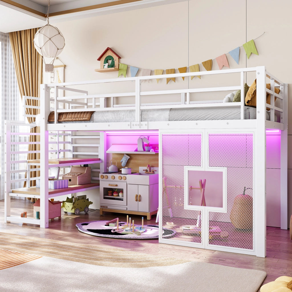 Letto a soppalco in metallo 90 x 200 cm con scala, contenitore, illuminazione LED e finestre - Bianco