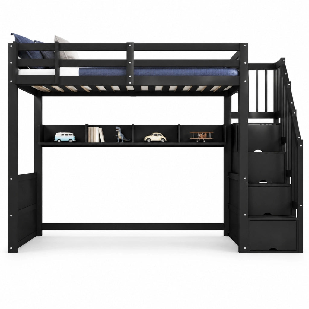 LETTO A SOPPALCO 90x200 cm Nero con Scala Contenitore e LED