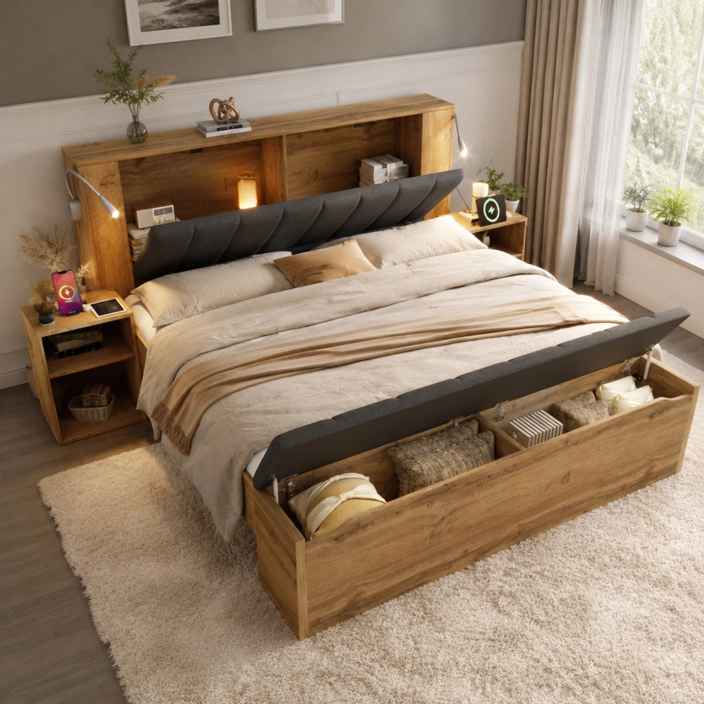 Letto matrimoniale 160x200 cm con comodini; panca contenitore e lampade USB effetto rovere HOMVRA
