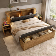 Letto matrimoniale 160x200 cm con comodini; panca contenitore e lampade USB effetto rovere HOMVRA