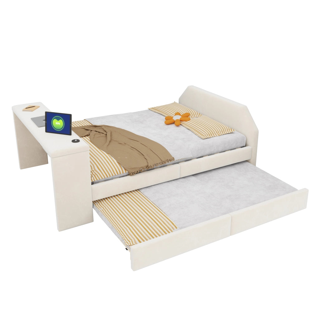Letto imbottito 140x200 cm con scrivania, USB e letto estraibile in velluto beige