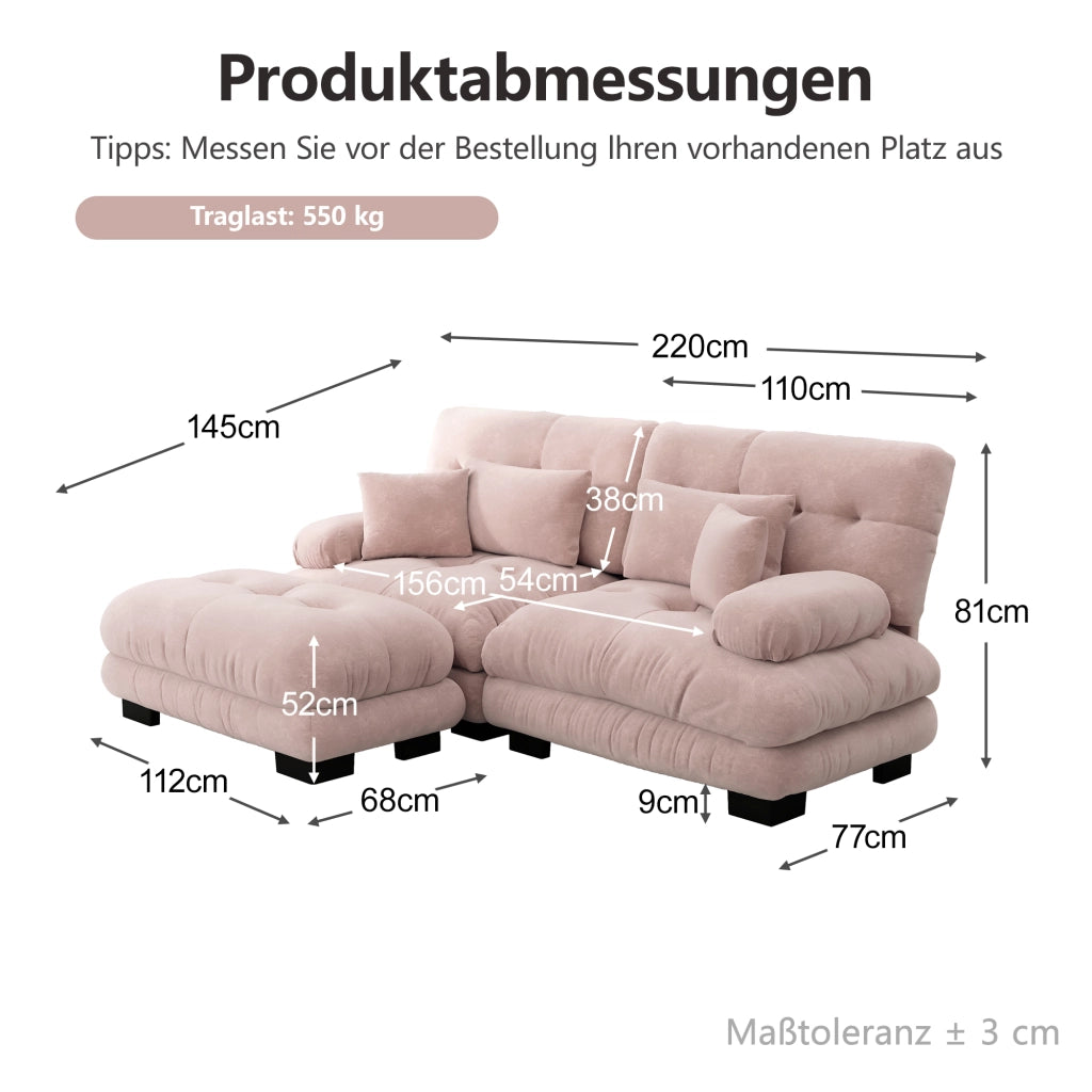 Divano modulare a L con ottomani in chenille rosa con cuscini lombari e decorativi da salotto 81 × 220 × 145 cm