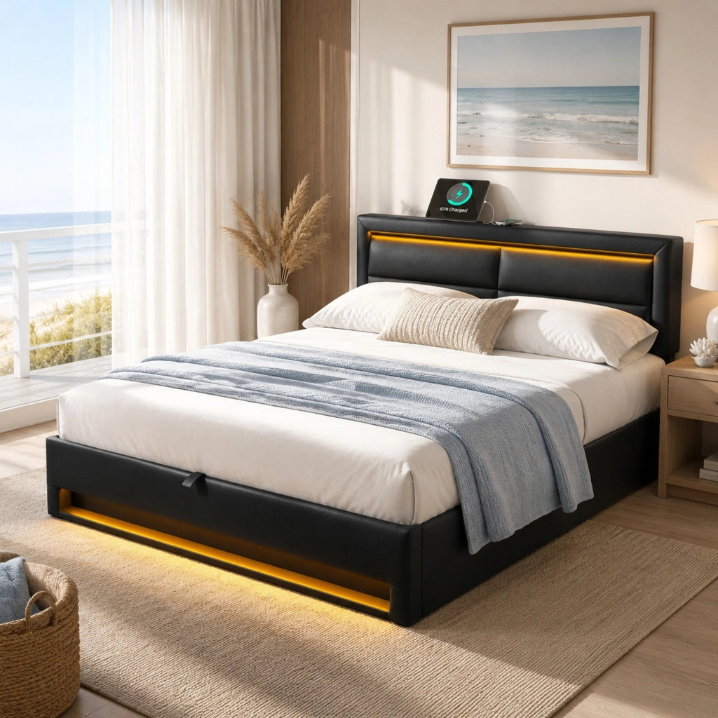 Letto matrimoniale imbottito con contenitore 140 × 200 cm in PU nero con USB ricarica wireless e LED