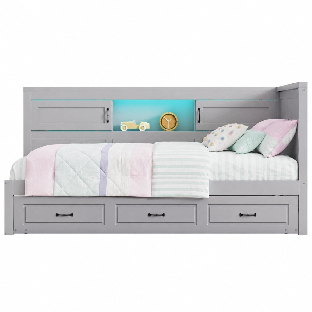 Divano letto 204,5x117,4x91,5 cm con letto estraibile, contenitore, LED e USB in truciolato grigio